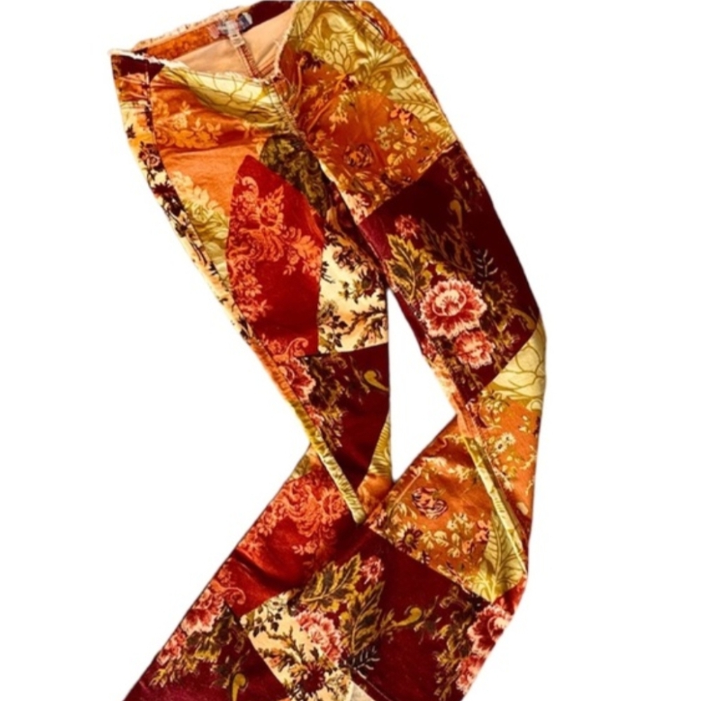 Velvet Floral Patchwork 60s 70s Vintage Aesthetic Bell Bottom Flare Pants Boho